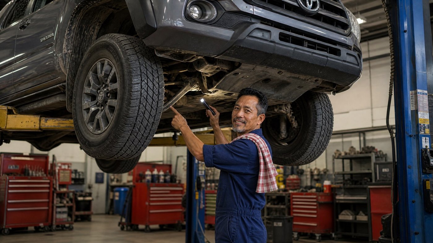 Lek inspecting the underside of a Toyota Tacoma on a lift